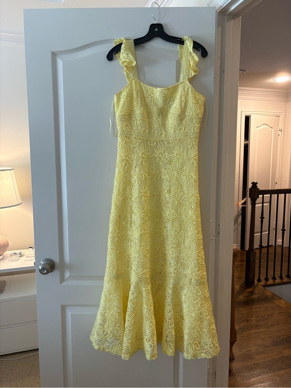 Aqua Yellow Lace Midi Dress with Ruffle Straps